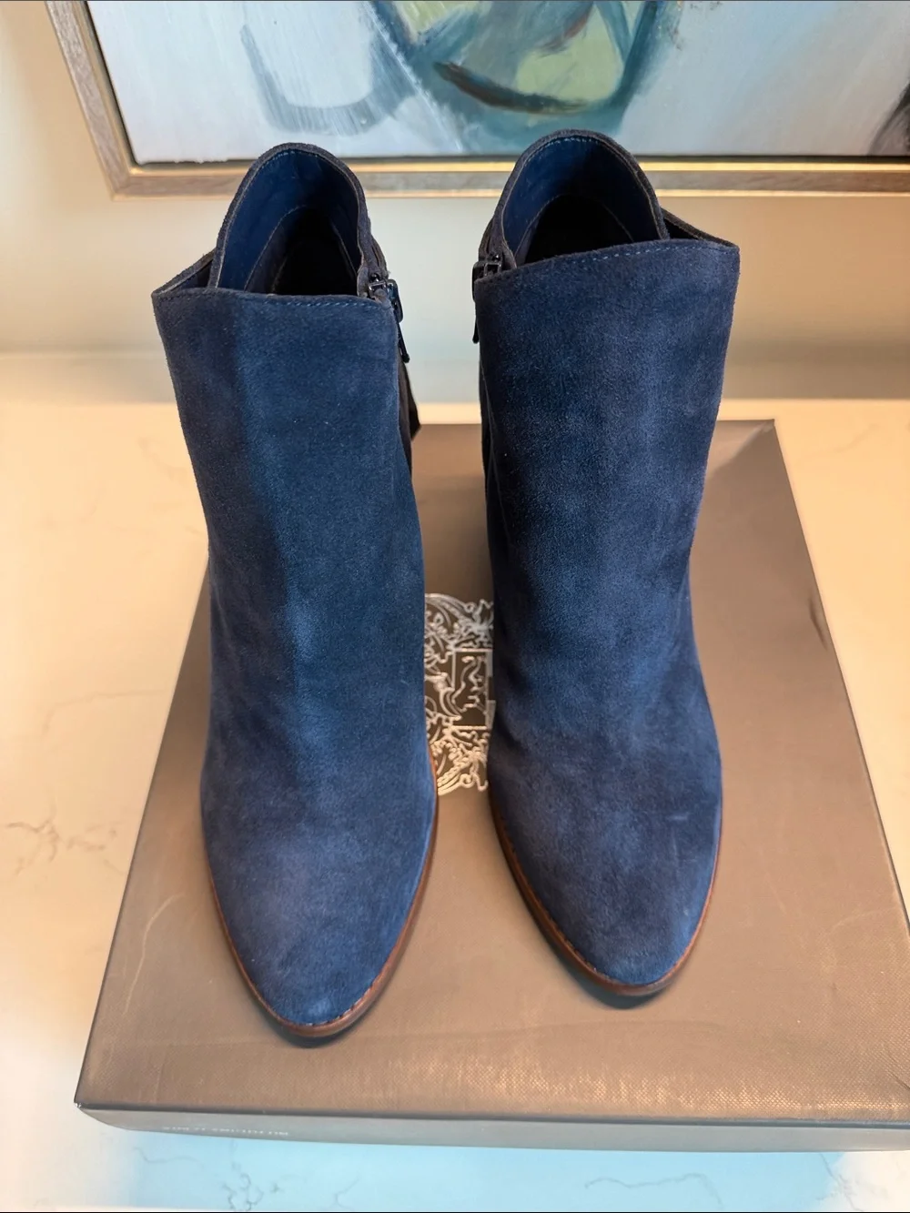 Vince Camuto Navy Suede Ankle Booties with Stacked Heel